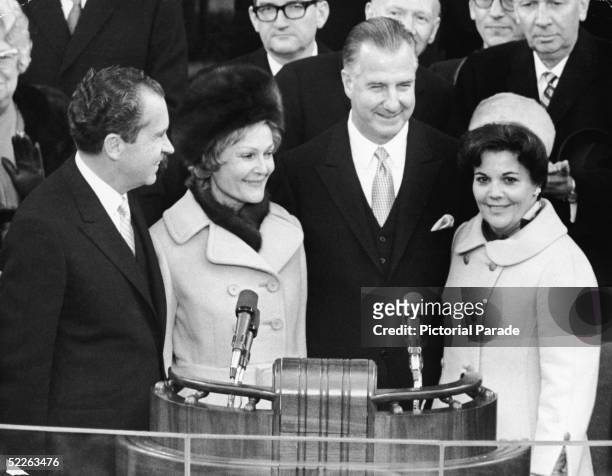 President Richard Nixon , First Lady Pat Nixon , Vice President Spiro Agnew , and Second Lady Judy Agnew at the conclusion of Nixon's inauguration as...
