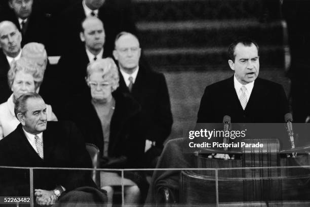 President Richard Nixon delivers his inaugural address at the US Capitol, Washington, DC, January 20, 1969. Outgoing president Lyndon B. Johnson...