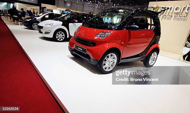 The Smart stand is seen at the 75th Geneva International Motorshow press preview March 2, 2005 in Geneva, Switzerland. The motor show will be open to...