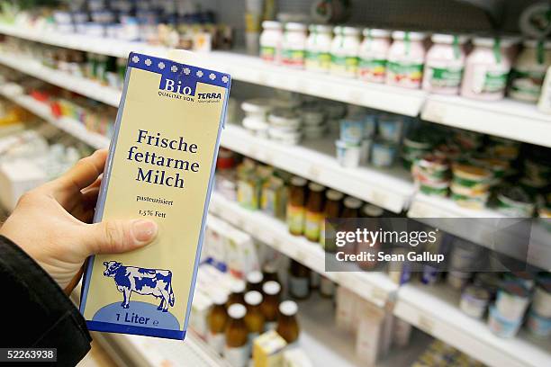 Liter of organic milk is seen among dairy products at a store of German organic supermarket chain EO Komma on March 2, 2005 in Berlin, Germany....