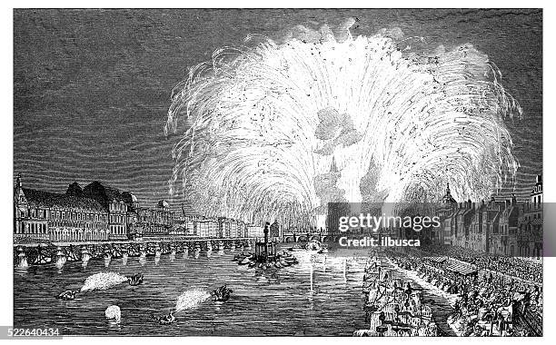 antique illustration of fireworks on pont neuf (paris) in 1745 - pont neuf stock illustrations