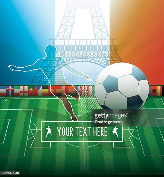 frankreich fußball-hintergrund mit kontur und eiffel turm - famous footballers silhouette stock-grafiken, -clipart, -cartoons und -symbole