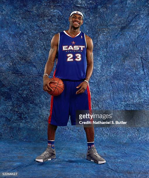 LeBron James of the Eastern Conference All-Stars poses for a portrait prior to the 2005 NBA All-Star Game at The Pepsi Center on February 20, 2005 in...