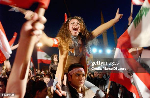 Lebanese demonstrator shouts in Martyr Square during an anti-Syrian demonstration on March 2, 2005 in Beirut, Lebanon. A few hundred Lebanese...