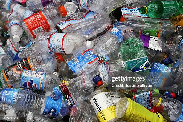 Recycled plastic bottles are seen at the San Francisco Recycling Center March 2, 2005 in San Francisco, California. Bottled water is the single...