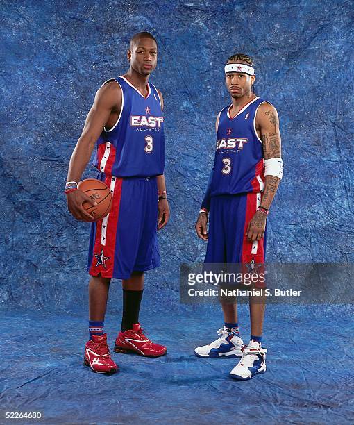 Dwyane Wade # and Allen Iverson of the Eastern Conference All-Stars pose for a portrait prior to the 2005 NBA All-Star Game at The Pepsi Center on...