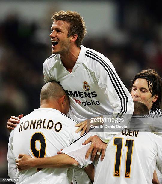Real Madrid?s David Beckham celebrates after his team scored a goal in the Real Madrid v Betis La Liga match on March 2, 2005 at the Bernabeu in...