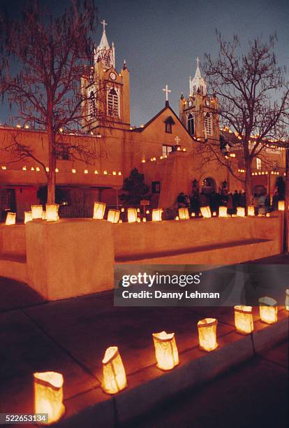 christmas lanterns at san felipe de neri church - albuquerque stock-fotos und bilder