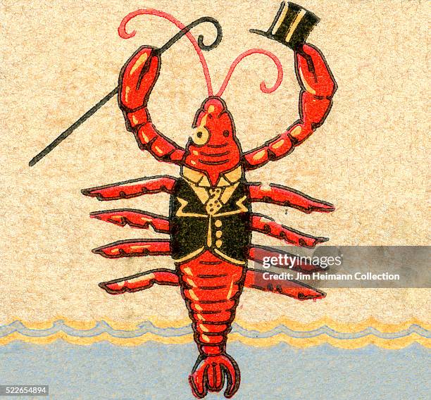 Matchbook image of red lobster holding top hat and cane and wearing vest. Ad for Sea Shell Grille.