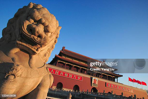 gate of heavenly peace in beijing - china flag stock pictures, royalty-free photos & images