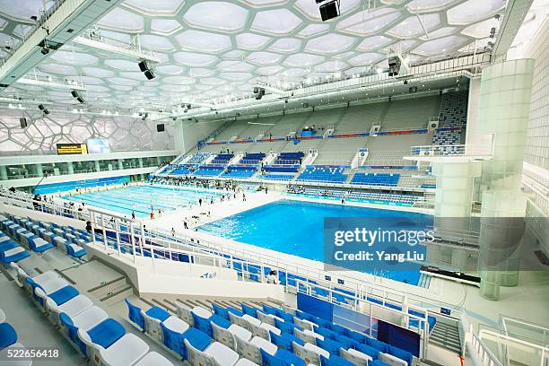 swimming competition at beijing national aquatics centre - aquatic center stock pictures, royalty-free photos & images