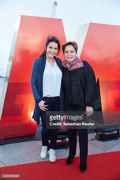 Mariella Ahrens and the mexican ambassador to Berlin Patricia Espinosa are seen during the interactive exhibition 'Discover Mexico' at...