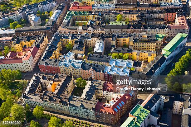 aerial view of urban neighborhood in helsinki - helsinki foto e immagini stock