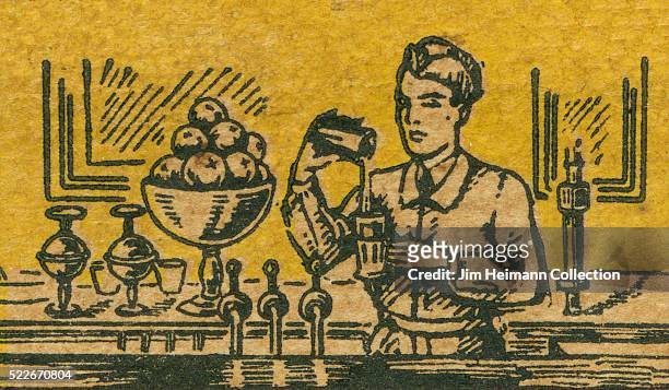 Matchbook image of man with cap behind counter pouring liquid from cup to another.