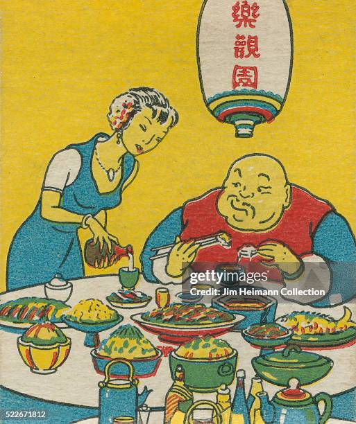 Matchbook image of waitress pouring tea for a large, bald diner seated at table covered with dishes and food. Lantern overhead.