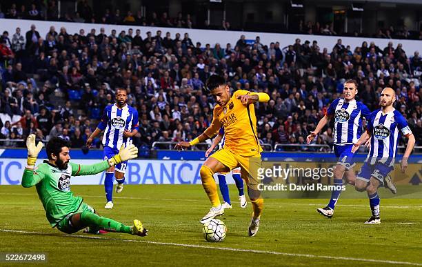 Neymar of FC Barcelona scores his team's eighth goal during the La Liga match between RC Deportivo La Coruna and FC Barcelona at Riazor Stadium on...