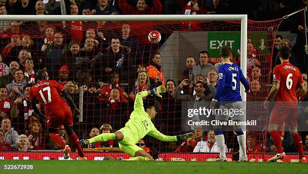 Mamadou Sakho of Liverpool scores his sides second goal during the Barclays Premier League match between Liverpool and Everton at Anfield, April 20...