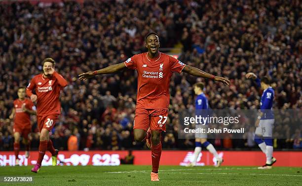 Divock Origi of Liverpool celebrates his goal during the Barclays Premier League match between Liverpool and Everton at Anfield on April 20, 2016 in...