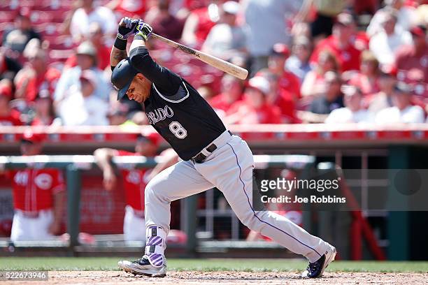 Gerardo Parra of the Colorado Rockies reacts after flying out to end the sixth inning of the game against the Cincinnati Reds at Great American Ball...