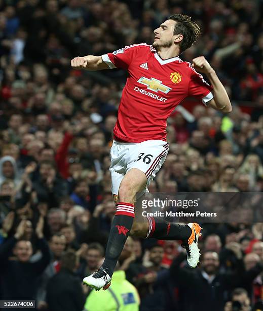 Matteo Darmian of Manchester United celebrates scoring their second goal during the Barclays Premier League match between Manchester United and...