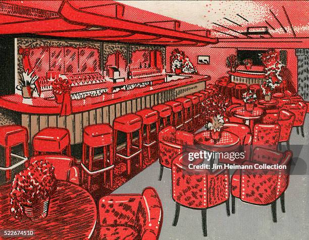 Matchbook image of unoccupied red bar and lounge.