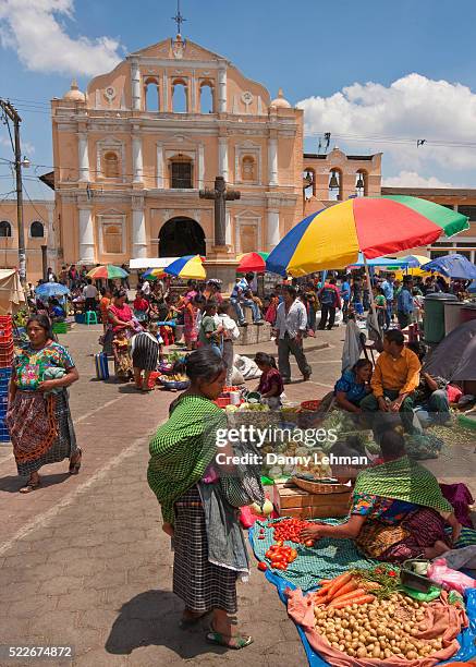 market in front of church in santa maria de jesus - guatemala bildbanksfoton och bilder