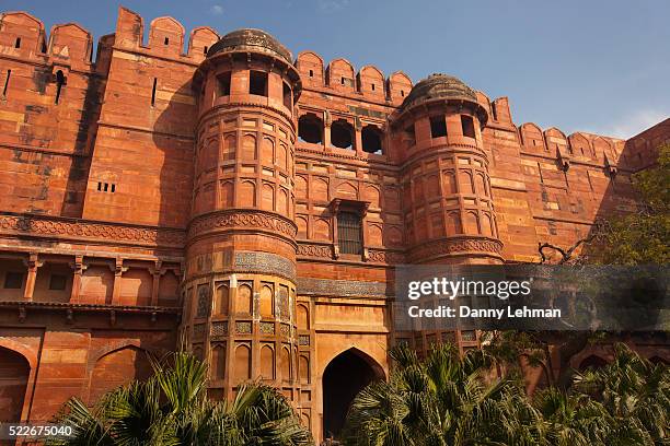 ceramic tile decorates the red sandstone walls of the agra fort - アーグラ ストックフォトと画像
