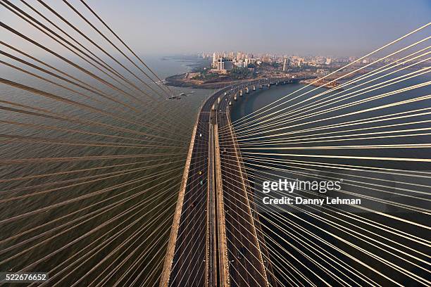 bandra-woril sea link (bwsl) bridge, a cable-stayed bridge and mumbai's newest icon - mumbai bridge stock pictures, royalty-free photos & images