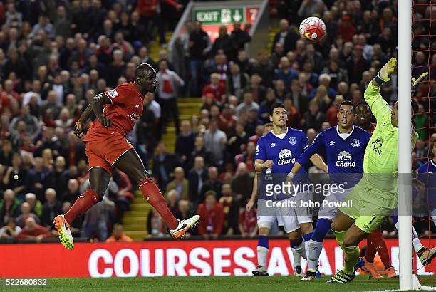 Mamadou Sakho of Liverpool scores the second goal during the Barclays Premier League match between Liverpool and Everton at Anfield on April 20, 2016...