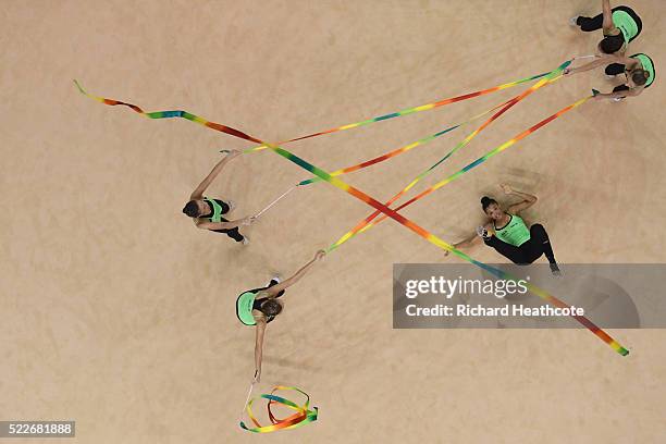 The Brazil team take part in an open training session for the rhythmic gymnastics test event at the Rio Olympic Arena on April 20, 2016 in Rio de...