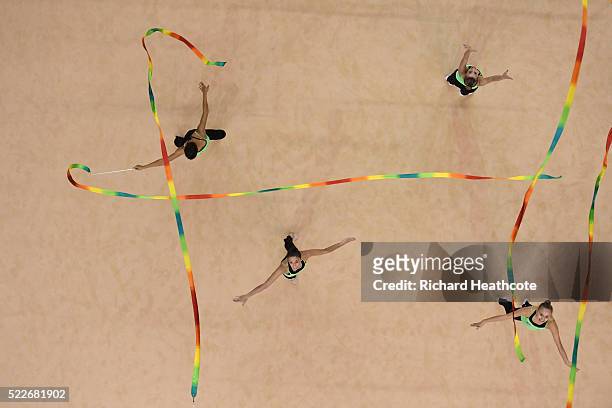 The Brazil team take part in an open training session for the rhythmic gymnastics test event at the Rio Olympic Arena on April 20, 2016 in Rio de...