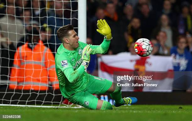 Adrian of West Ham United saves a penalty from Troy Deeney of Watford during the Barclays Premier League match between West Ham United and Watford at...