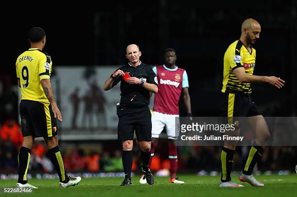Nordin Amrabat of Watford recieves a red card during the Barclays Premier League match between West Ham United and Watford at the Boleyn Ground,...