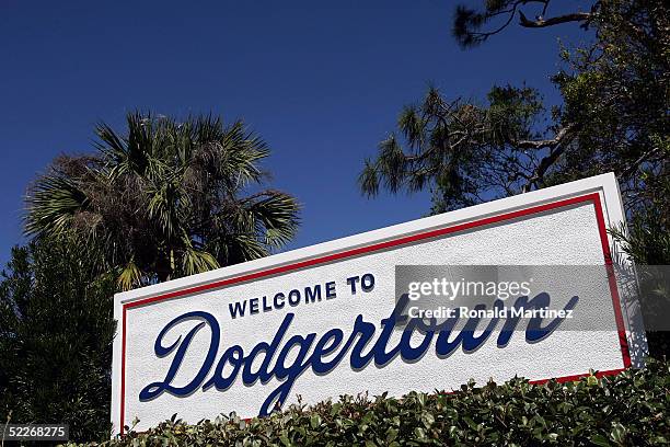 Welcome to Dodgertown" sign is seen during the Los Angeles Dodgers spring training game against the Florida Marlins on March 2, 2005 at Holman...