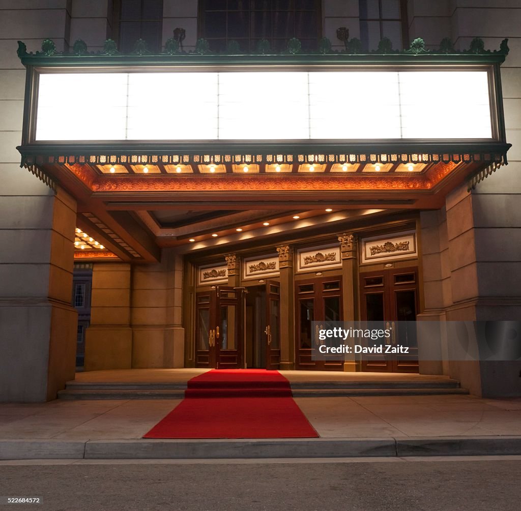 Movie theater entrance and marquee