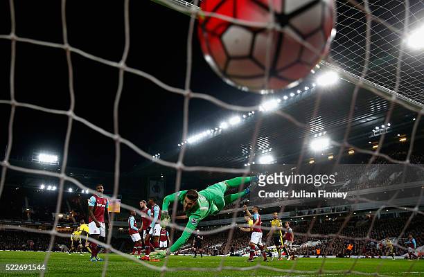Sebastian Prodl of Watford scores his sides only goal during the Barclays Premier League match between West Ham United and Watford at the Boleyn...