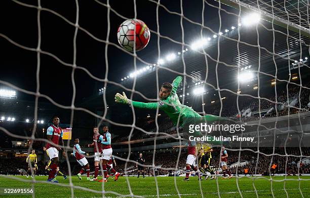 Sebastian Prodl of Watford scores his sides only goal during the Barclays Premier League match between West Ham United and Watford at the Boleyn...