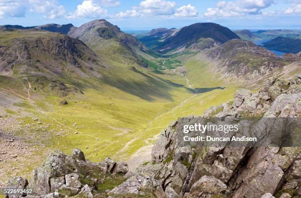 ennerdale valley from green gable, lake district, uk. - haystacks lake district stock pictures, royalty-free photos & images