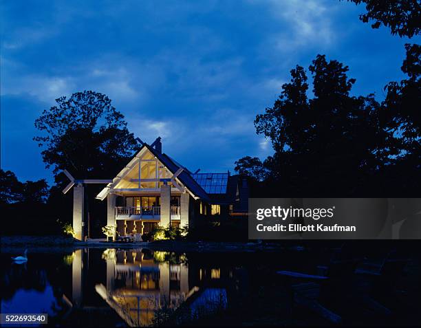 a large modern designed home in east hampton ny, right after sunset. - the hamptons stock pictures, royalty-free photos & images