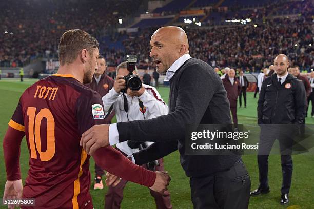 Francesco Totti and Luciano Spalletti of AS Roma after the Serie A match between AS Roma and Torino FC at Stadio Olimpico on April 20, 2016 in Rome,...