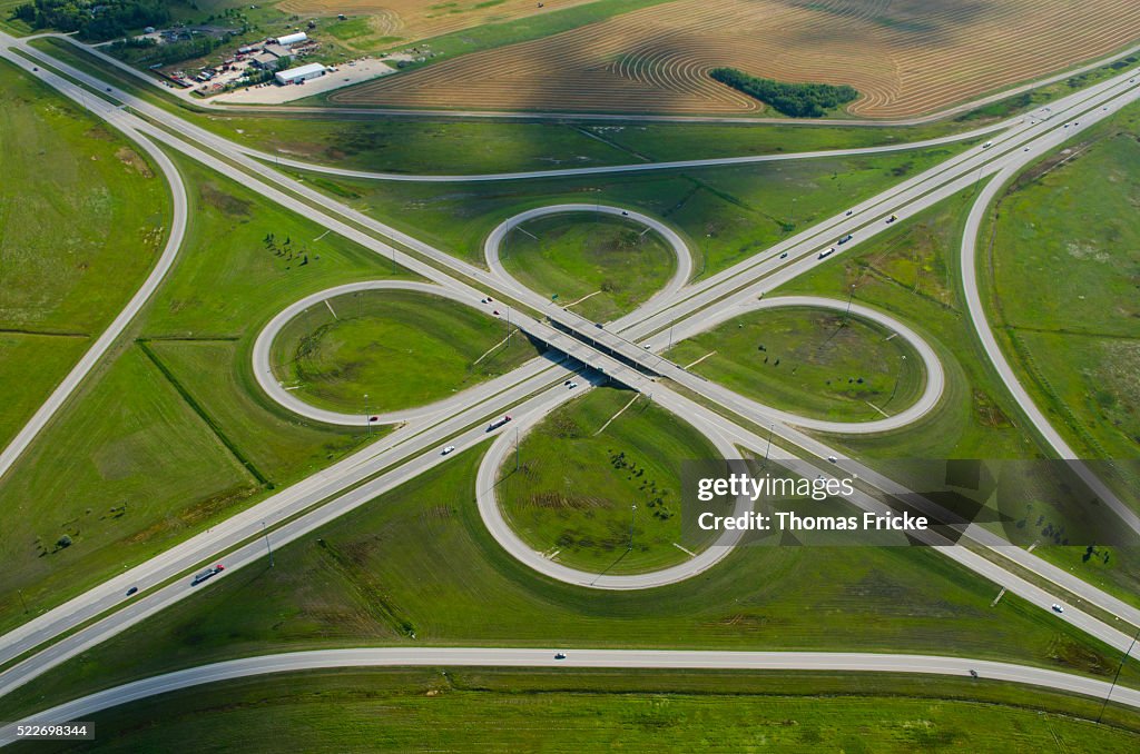 Aerial view of highway cloverleaf, Winnipeg, Manitoba, Canada