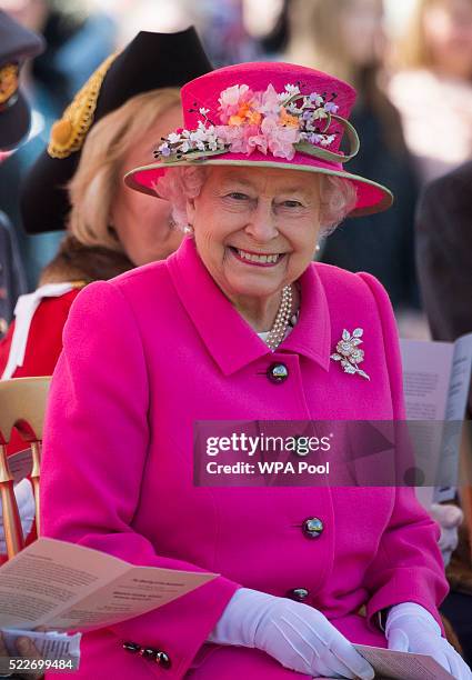 Queen Elizabeth II during the opening of the Alexandra bandstand on April 20, 2016 in Windsor, England. Her Majesty viewed an exhibition about the...