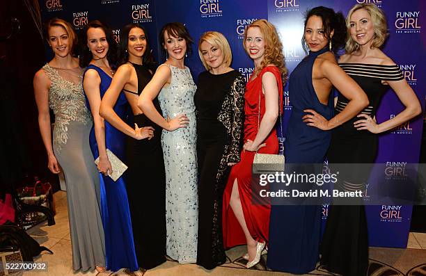 Sheridan Smith poses with cast members Sammy Kelly, Leah Harris, Sanchia Amber Clarke, Emma Caffrey, Clare Rickard, Joelle Dyson and Rebecca Fennelly...