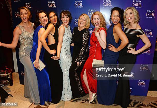 Sheridan Smith poses with cast members Sammy Kelly, Leah Harris, Sanchia Amber Clarke, Emma Caffrey, Clare Rickard, Joelle Dyson and Rebecca Fennelly...