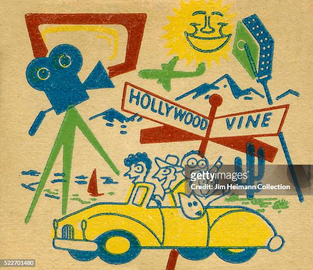 Matchbook image of two adults, two children, and dog in yellow car pointing at sights. Hollywood and Vine street sign, movie camera, sun, cactus,...