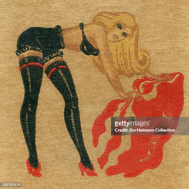 Matchbook image of blond woman in stockings, bra, and ruffled panties bending over, holding red garment.