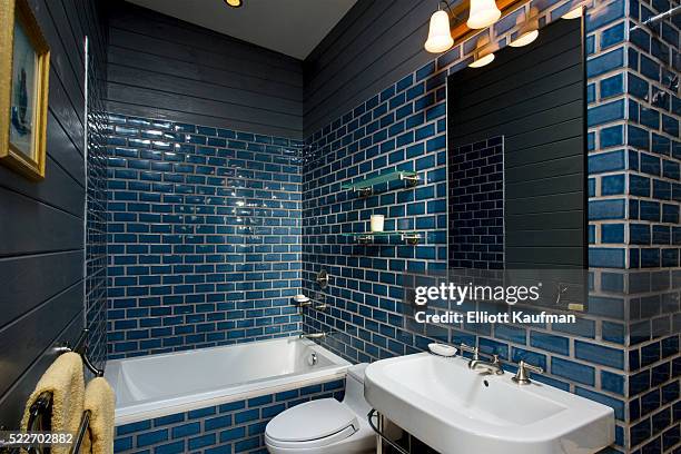 blue glazed tile in the bathroom - blue bathroom stock pictures, royalty-free photos & images