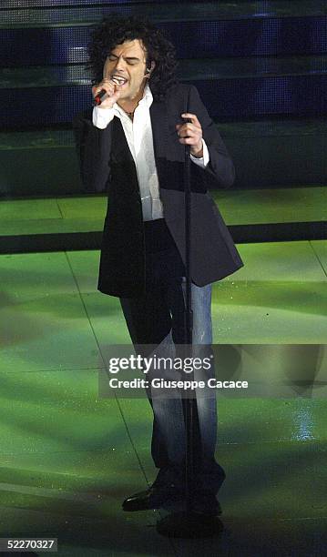 Italian singer Francesco Renga performs at the second day of the San Remo Festival at the Ariston Theatre on March 2, 2005 in San Remo, Italy. The...