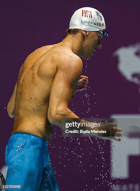 Cesar Cielo of Brazil reacts after swimming the Men's 50m Freestyle finals during the Maria Lenk Trophy competition at the Aquece Rio Test Event for...