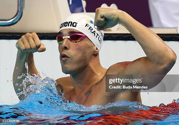 Bruno Fratus of Brazil celebrates after swimming the Men's 50m Freestyle finals during the Maria Lenk Trophy competition at the Aquece Rio Test Event...